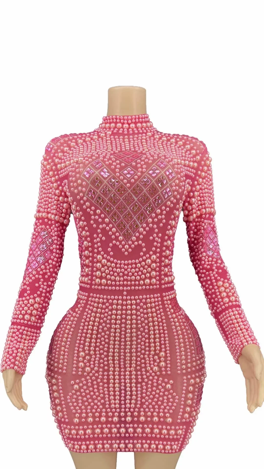 Vestido sexy com bainha para mulheres, pérolas rosas brilhantes, mangas compridas, roupas de festa noturna, traje de baile, show veste