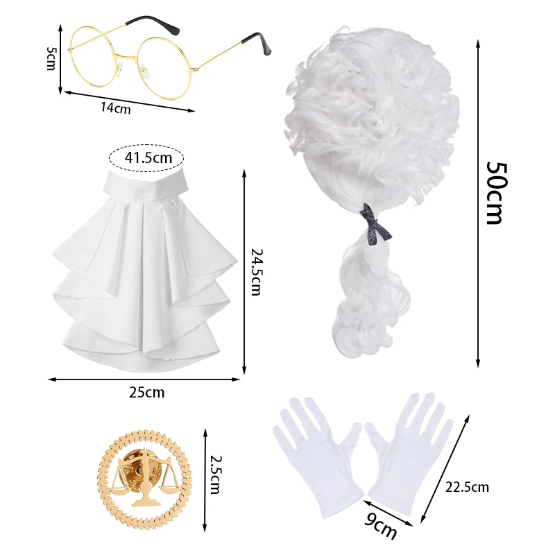PESENAR Halloween Judge Lawyer Cosplay Accessory Kit, White Wig Collar Glasses Gloves Brooch for Court Theme Party Costume