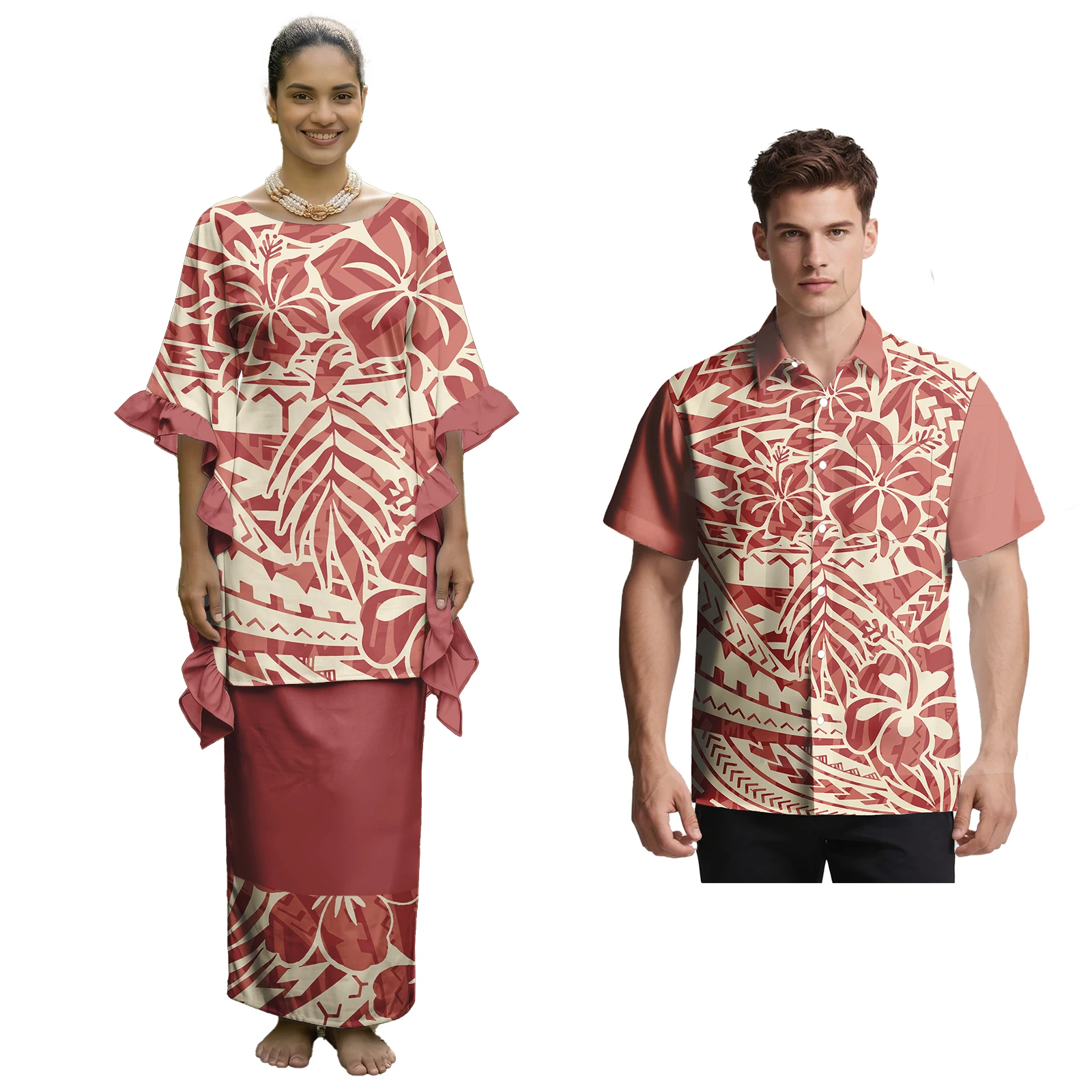 New Arrivals Samoan Polynesian Women Puletasi Men Turn-down Collar Shirts Hawaiian Flowers Custom Church Sweet Lovers Clothing