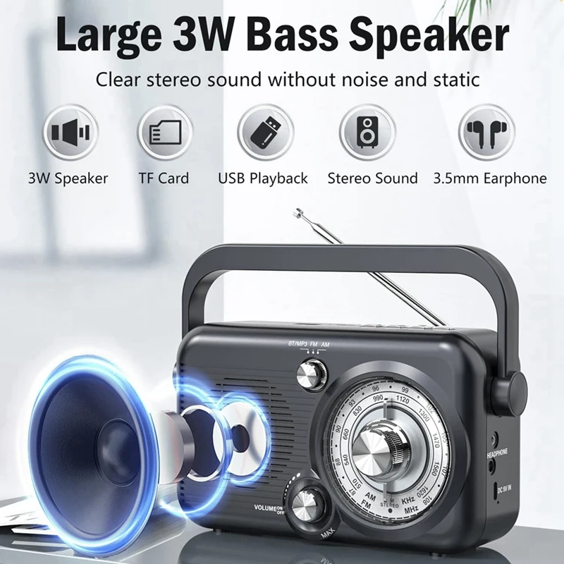 Portable Bluetooth AM FM Radio,1200Mah Battery Powered Radio Loud Speaker,Support SD Card And USB MP3 Player,Backlight