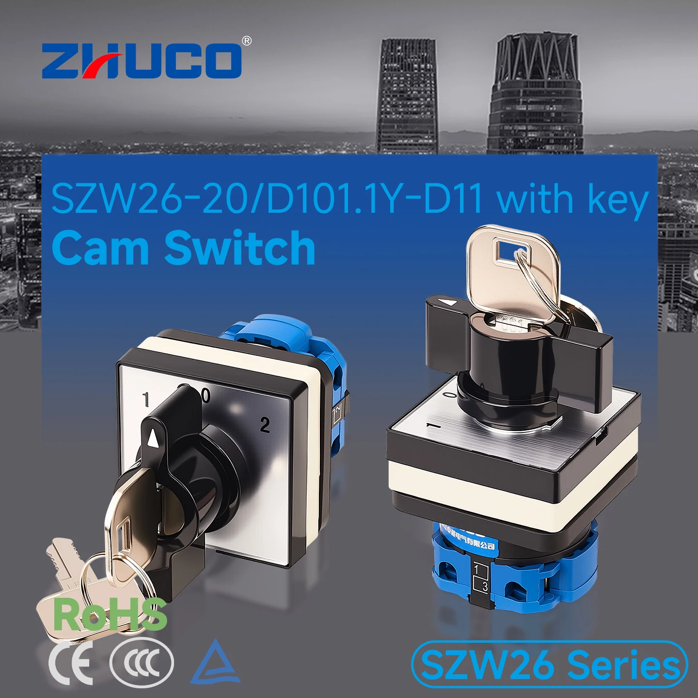 Zhuco 2/3 Position Selector Switch 20A 690V, 4-Terminal Universal Rotary Cam Selector with Locking Switch, Suitable for Distribution Cabinets, Machine Tools, Industrial Panels (Szw26-20/Y-D11, on Off On, on Off, on on)