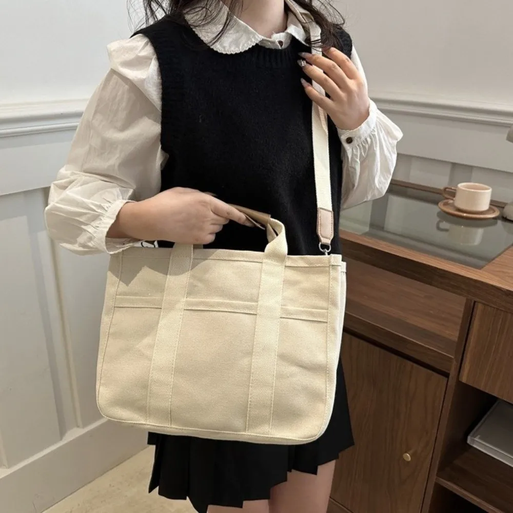 

Portable Solid Color Mummy Bag Korean Style Multi-pocket Canvas Mother's Bag Tote Bag Multifunctional Women Shoulder Bag Student