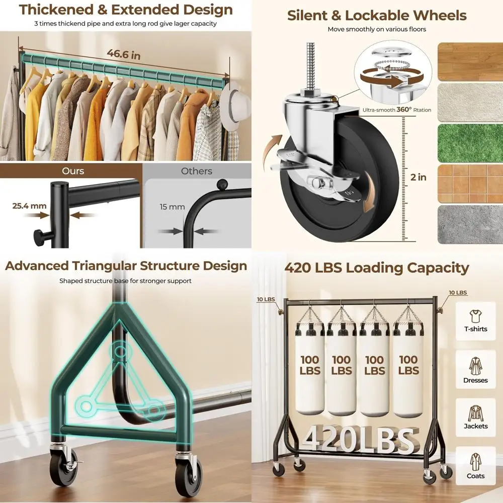 

Портативная металлическая вешалка для одежды повышенной прочности, черная, 48 дюймов, выдерживает до 190 кг, с колесами для удобства перемещения