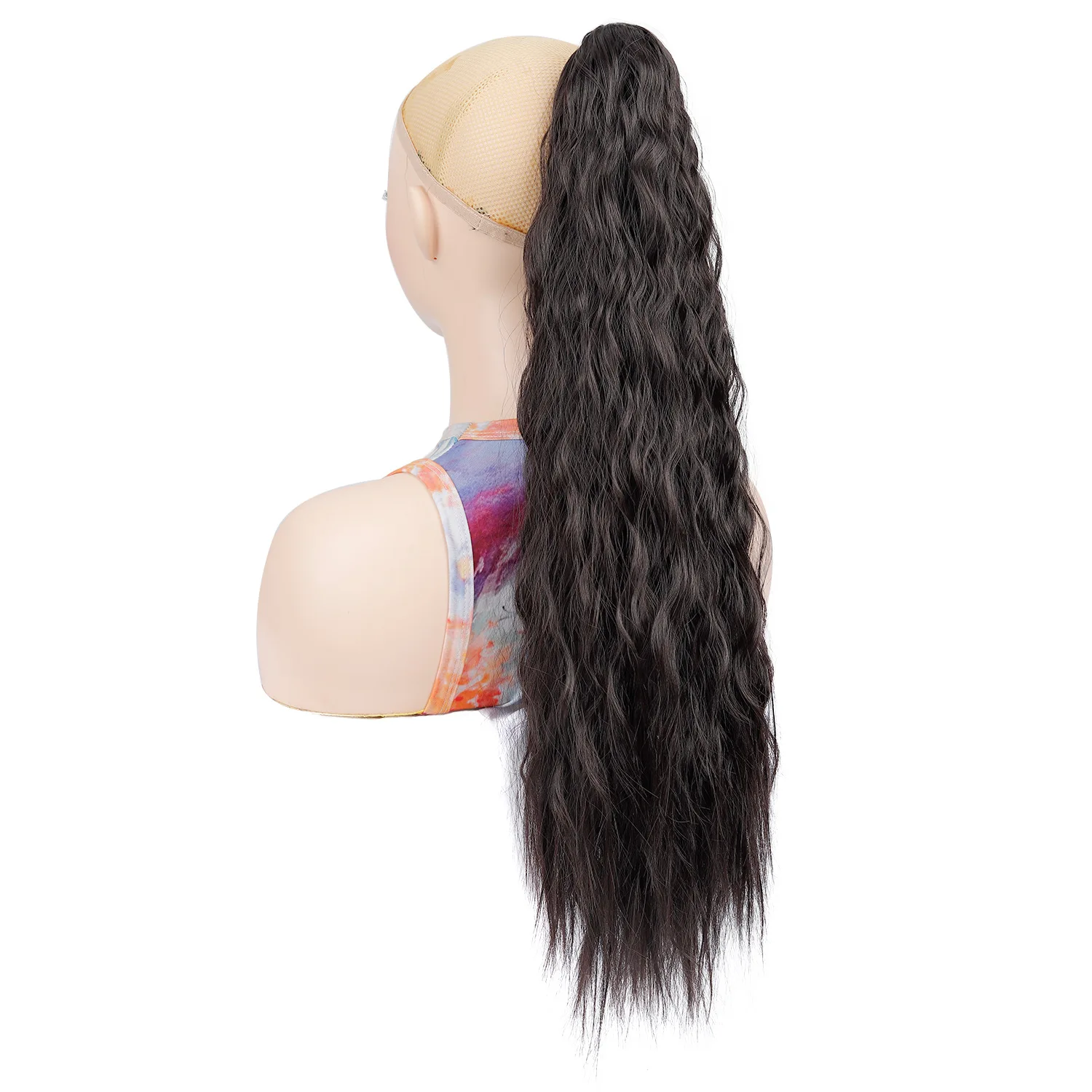 女性用合成ポニーテール ウォーターウェーブ ロング クロークリップ ポニーテール ハイライト ブラウンカラー ヘアエクステンション 24 インチ M006