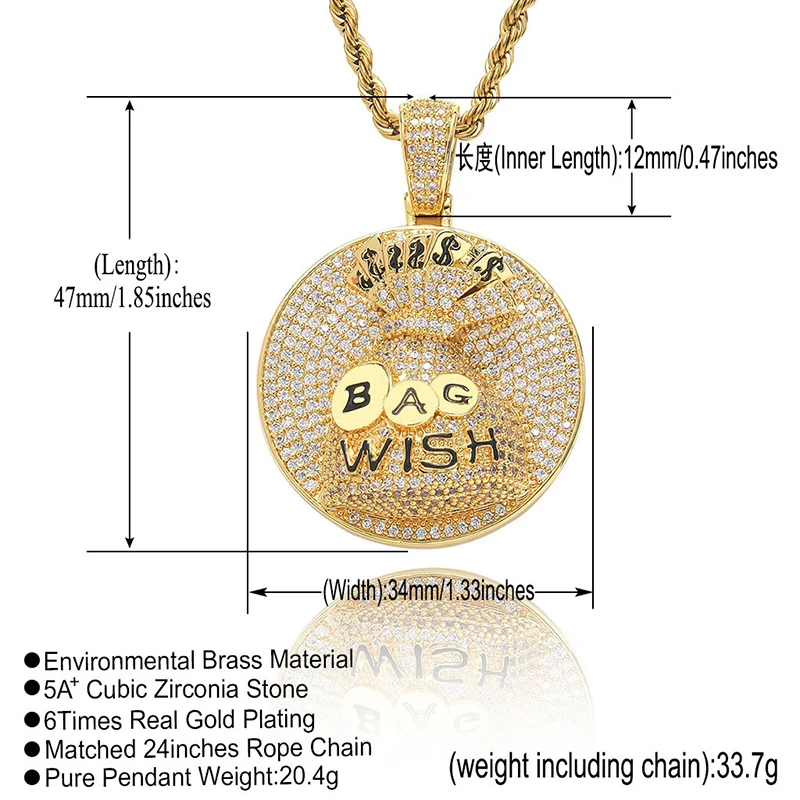 Hip Hop 5A+ CZ Stone Paved Bling Iced Out Money Bag Wish Pendants Necklace for Men Rapper Jewelry Gold Silver Color