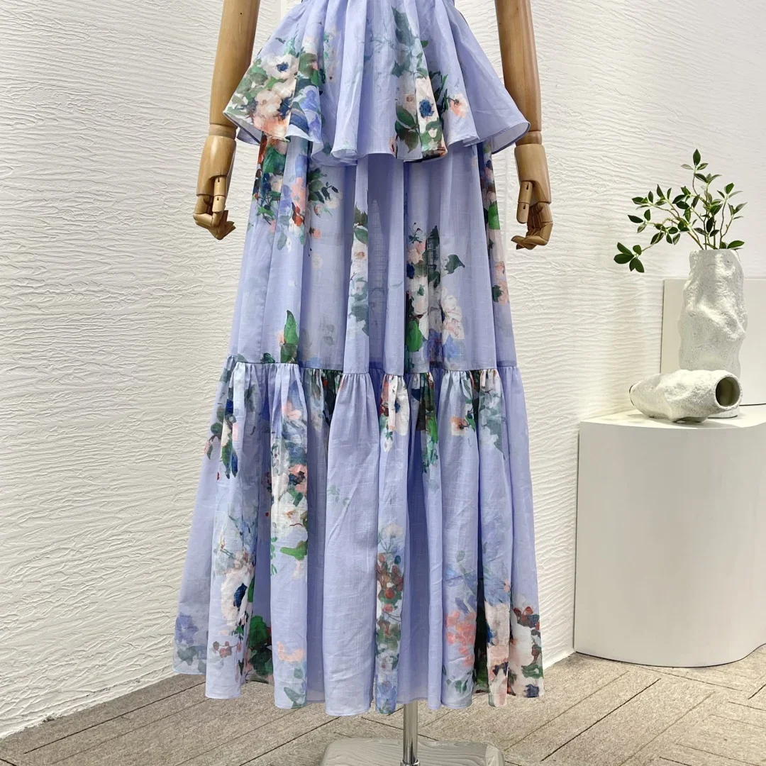 Sukienki damskie Niebieski kwiatowy wzór Bez rękawów Wycięty tył Plisowana sukienka midi