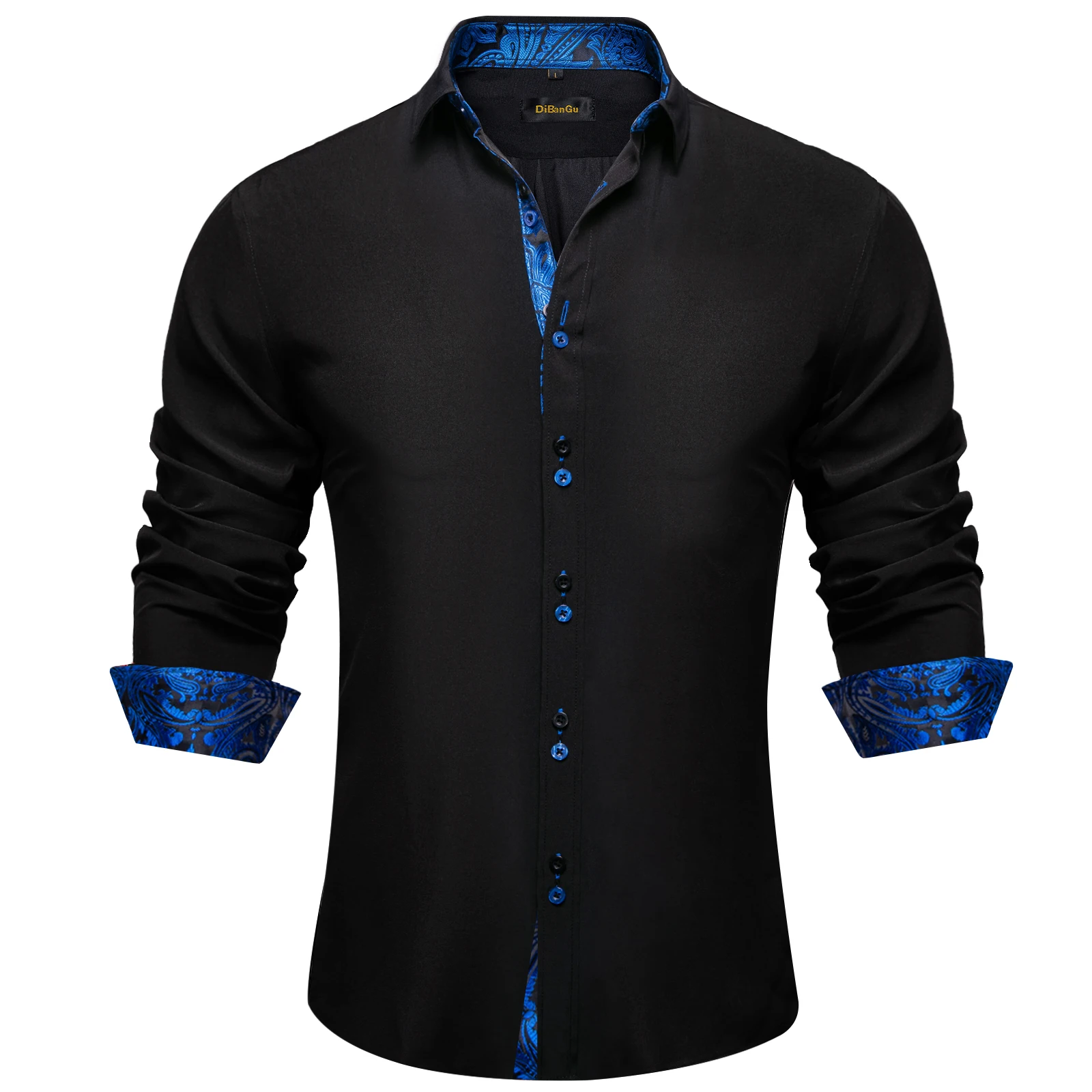 Men\'s Polyester Cotton Solid Black Shirts Long Sleeve Blue Paisley Patchwork Social Casual Dress Shirt Elegant Men Clothing