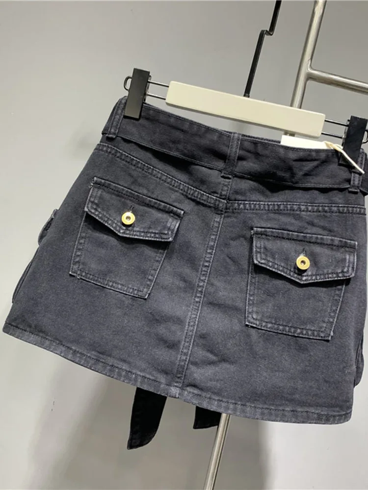 DEAT Fashion Belt Bandage Denim Mini Skirt Women Patchwork Pocket Cargo Wrap Hip Skirts Female Trend 2023 Spring New 11XX01119