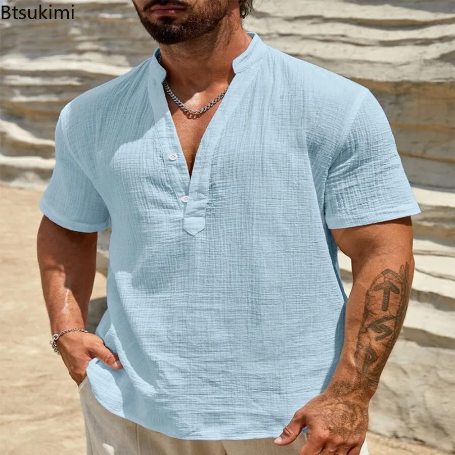 Summer New Style Men's Casual Shirt Solid Fashion Cotton Linen Trend High Quality Short Sleeve Cuban Territory Collar Shirt Top