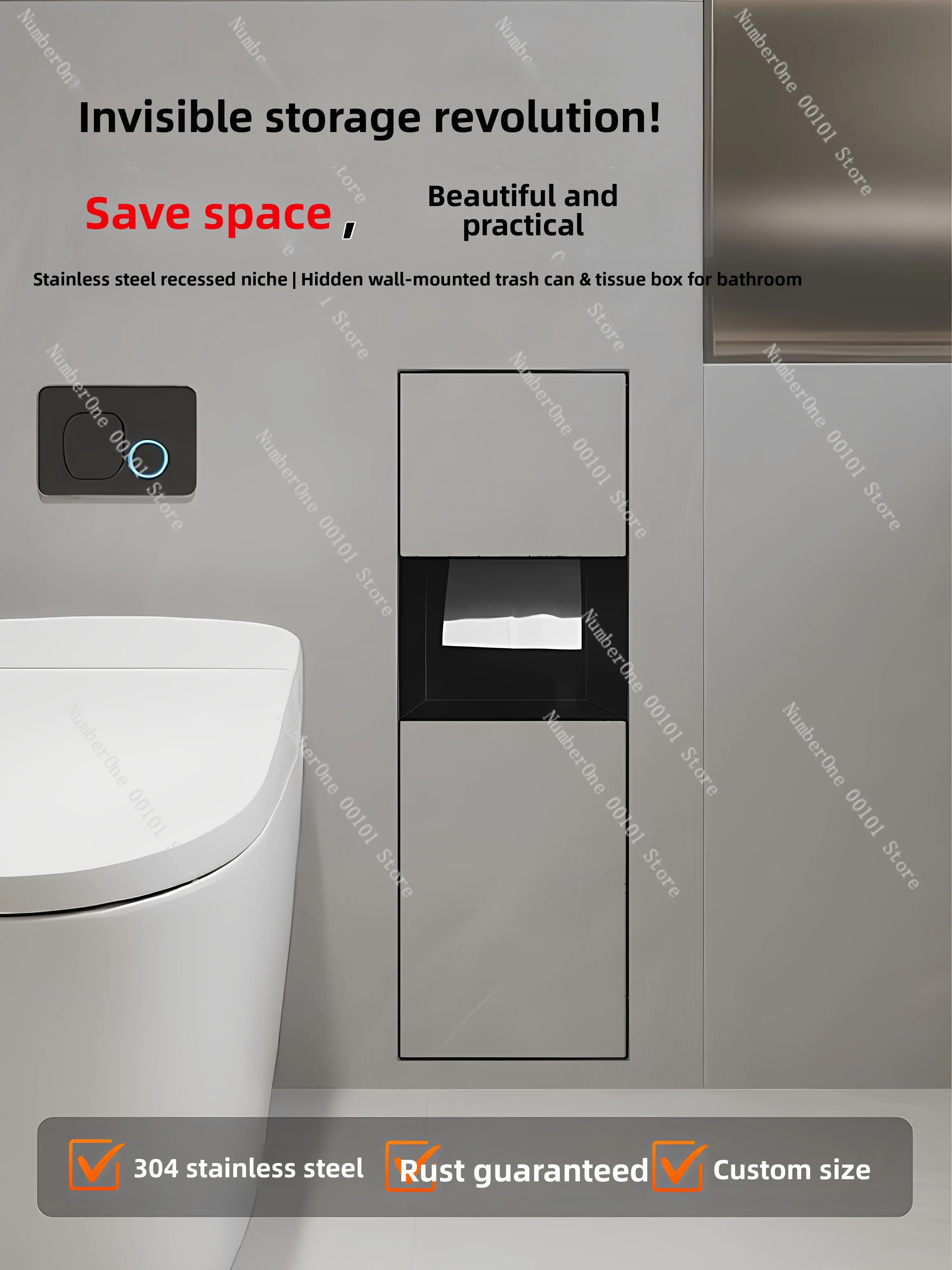 Bathroom hidden 304 stainless steel trash can, built-in tile-paved toilet niche, custom-made toilet storage
