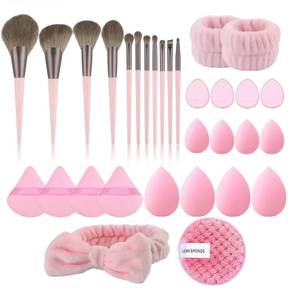 11Pcs Makeup Brushes Set Complete Makeup Tool Kit with Beauty Sponge Blender Wristbands Headband Facial Removal Sponge Cosmetic