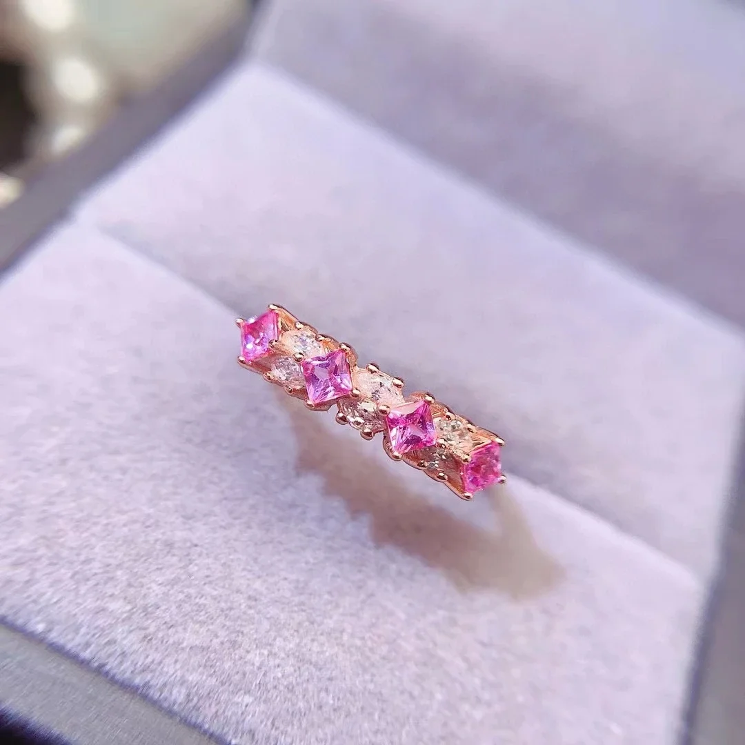 Cute Pink Sapphire Ring 3mm Total 0.6ct Natural Sapphire 925 Silver Jewelry 18K Gold Plated Sapphire Jewelry