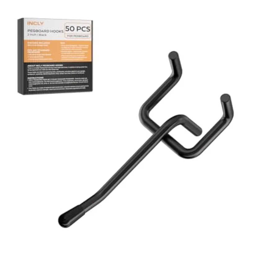 

50 Pack Black Pegboard Hooks, 2 Inch Metal Peg Board Hooks Accories, Peg Board Tool Hangers Fit for 1/8" and 1/4" Pegboard Hang