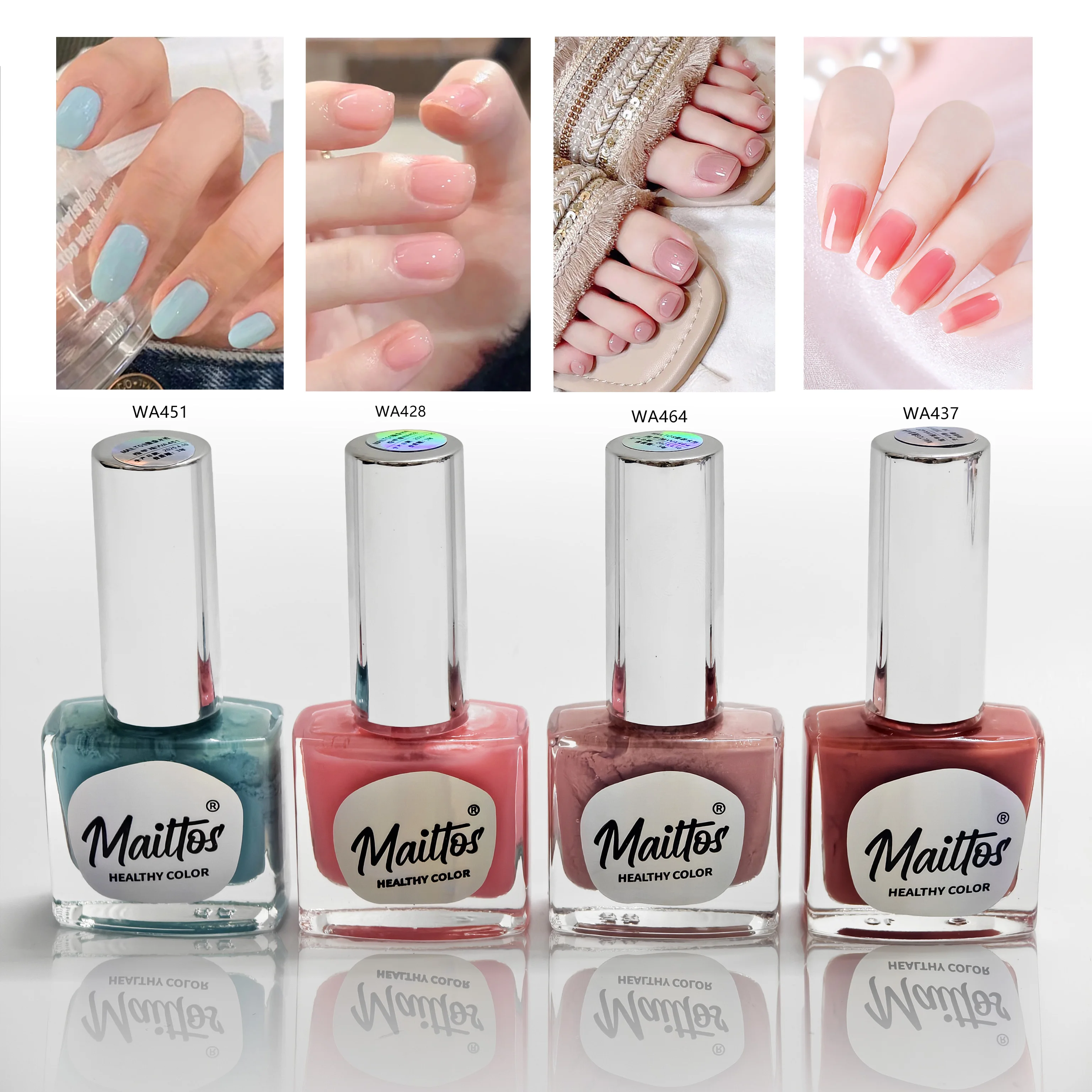 

12mlx4 [428/437/451/464]Pink, Nude, Peach, Blue Water-based Nail Polish, Oderless, dry quickly, No need UV lamp, easy tear