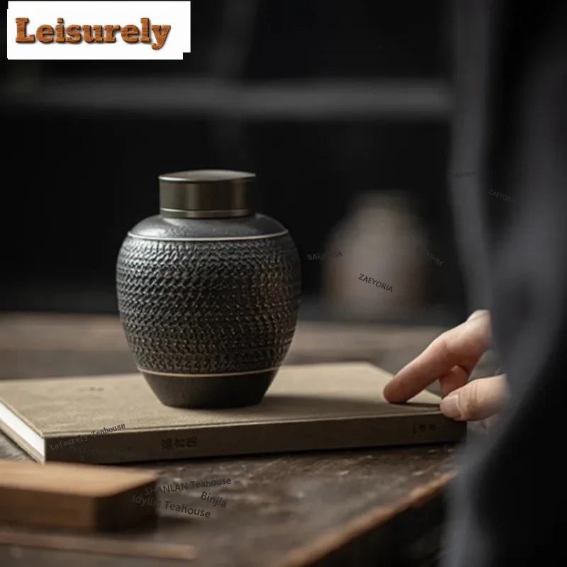Handmade Knife Jumping Silver Black Tea Box Organizer Moisture-proof Traditional Storage Tank Containers Tea Caddy Tea Ceremony