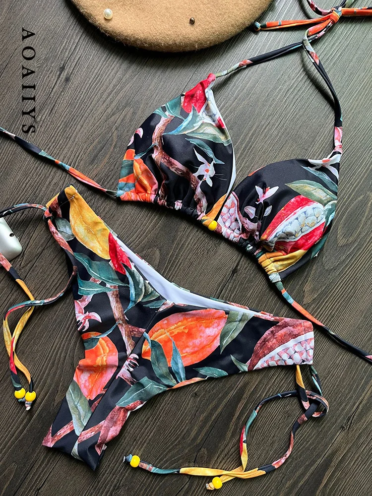 

Aoaiiys Chic Printed Bikini Set Women Sexy Halter Lace Up Swimsuit Two-Piece Swimwear Backless Fashion Bathing Female Beachwear