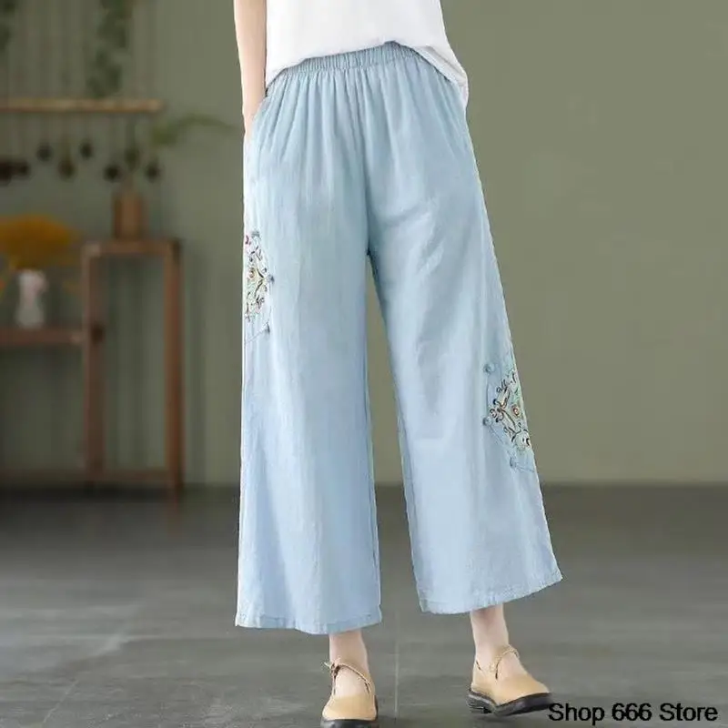 Pantaloni da donna tradizionali primaverili pantaloni a vita regolabile in stile etnico retrò pantaloni a gamba larga ricamo a mano in canapa di cotone sciolto estivo