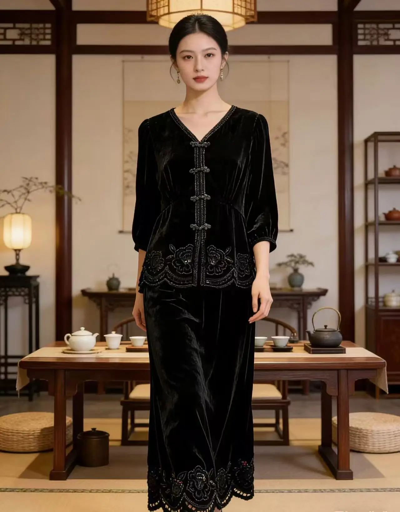 Spring New Silk+Velvet Fabric V-neck Seven Quarter Sleeve Embroidered Top+Elastic Waist Half Skirt Women's 2-Piece Set M-XXL
