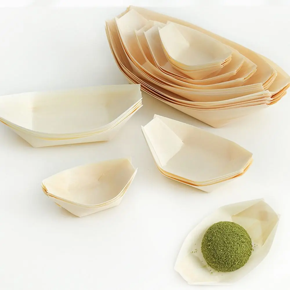 50PCS Multi-size Disposable Wooden Boat-shaped Plate Japanese Dish Food Serving Salad Dessert Bowl Boat-shape Tray Sushi Plate