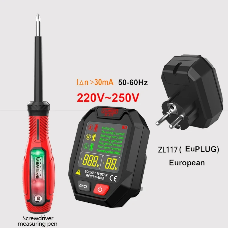 ZL117 Color Screen Socket Tester Voltage Test Socket Detector EU Plug With Buzzer Ground Zero Line Plug Polarity Phase Check