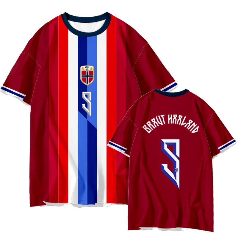 2026 Norway National Fan Jersey Short Sleeve Red White Blue Vertical Stripe Flag Badge Number Print Football Tee for Adults Kids