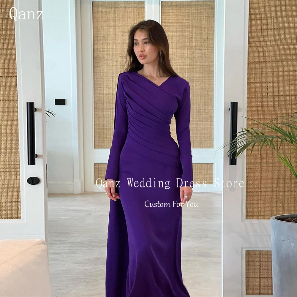 Qanz Purple Satin Arabia Evening Dresses Long Sleeves Abendkleid Luxury 2024 Mermaid Floor Length Party Dress Women Customized