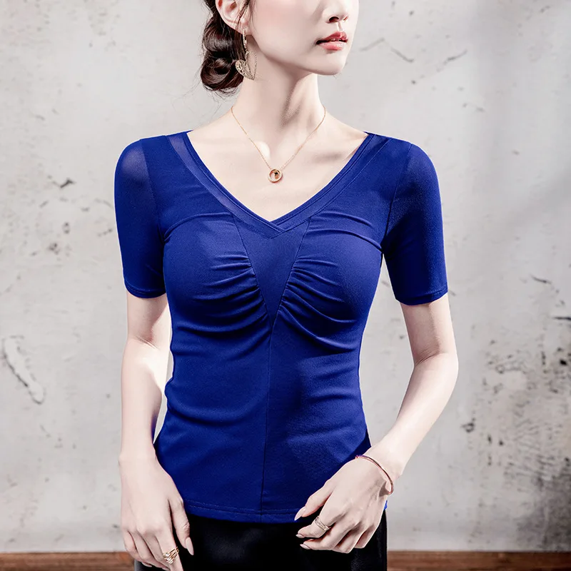 MadBlack-Women's European T-Shirt, Sexy V Neck Folds Patchwork, Streetwear Half Sleeve Slim Mesh S-3XL Tee, 2025 Summer T56279CC