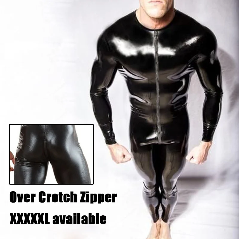 HESKES Fetish Black Leather Men\'s Zentai Suit Exotic Tight Over Croth Zipper Jumpsuit 5XL Plus Size Exotic Adult Costuimes