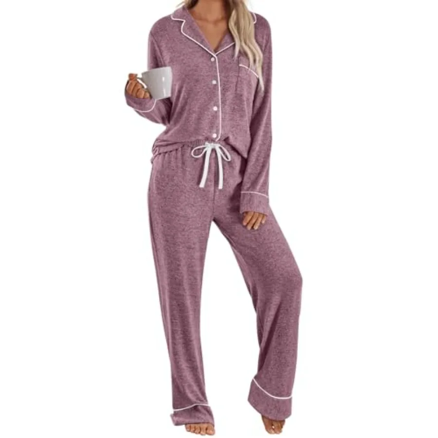 

LILLUSORY Women's Long Sleeve Pajama Set - Soft Button-Down Top and Comfortable Drawstring Pants with Pockets
