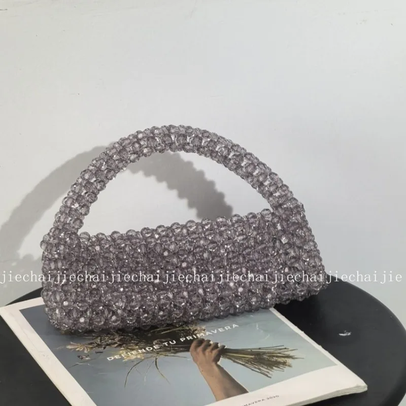 

New Fashion Trend Handmade Acrylic Bead Woven Women's Bag Versatile Texture Solid Color Flip Small Pillow Temperament Handbag