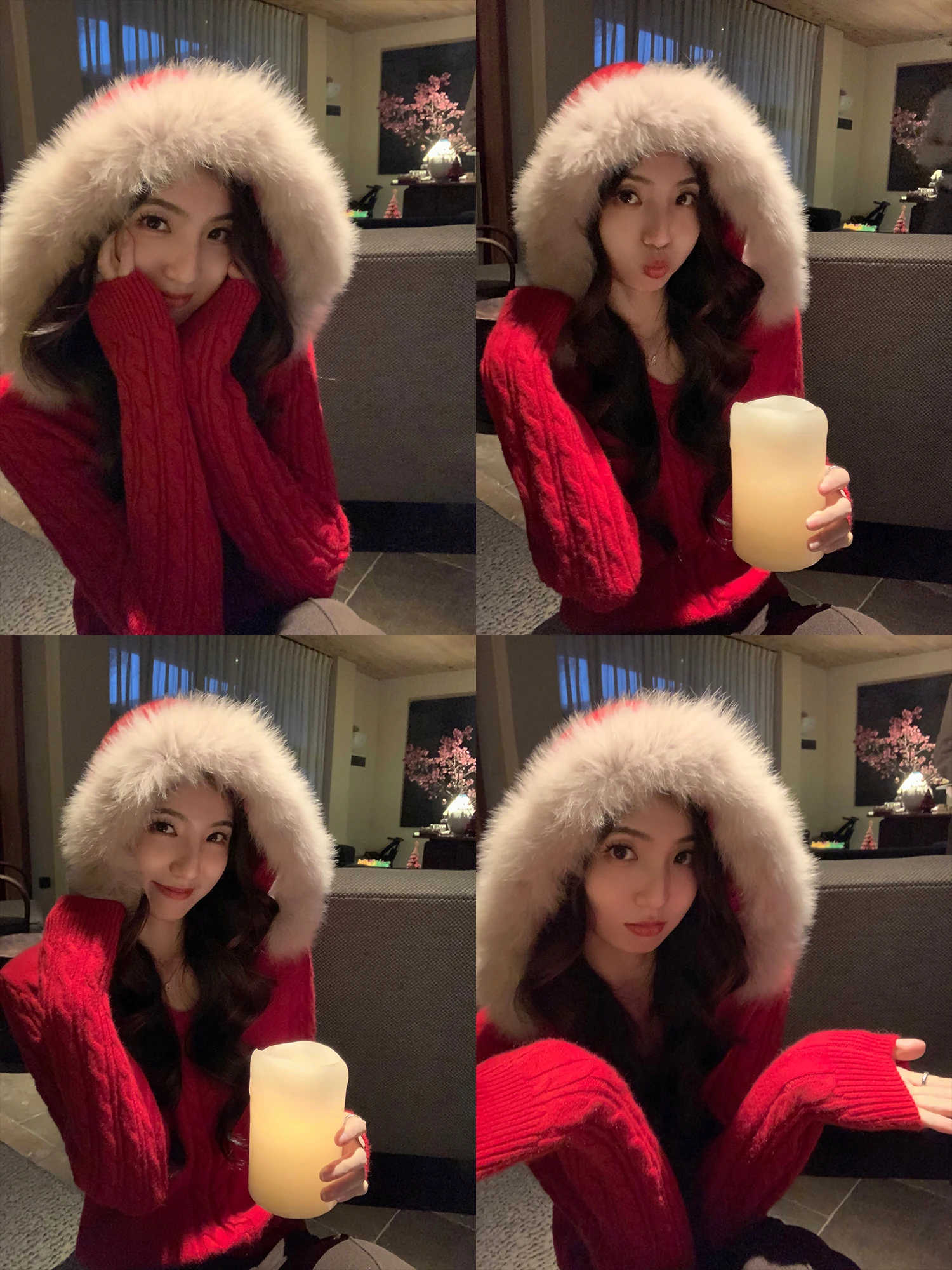 

Mulvan Casual Sle Red Hooded Sweater Women's Loose Fit V-Ne Knitted Top Fur Collar Comfortable Polyester Blend