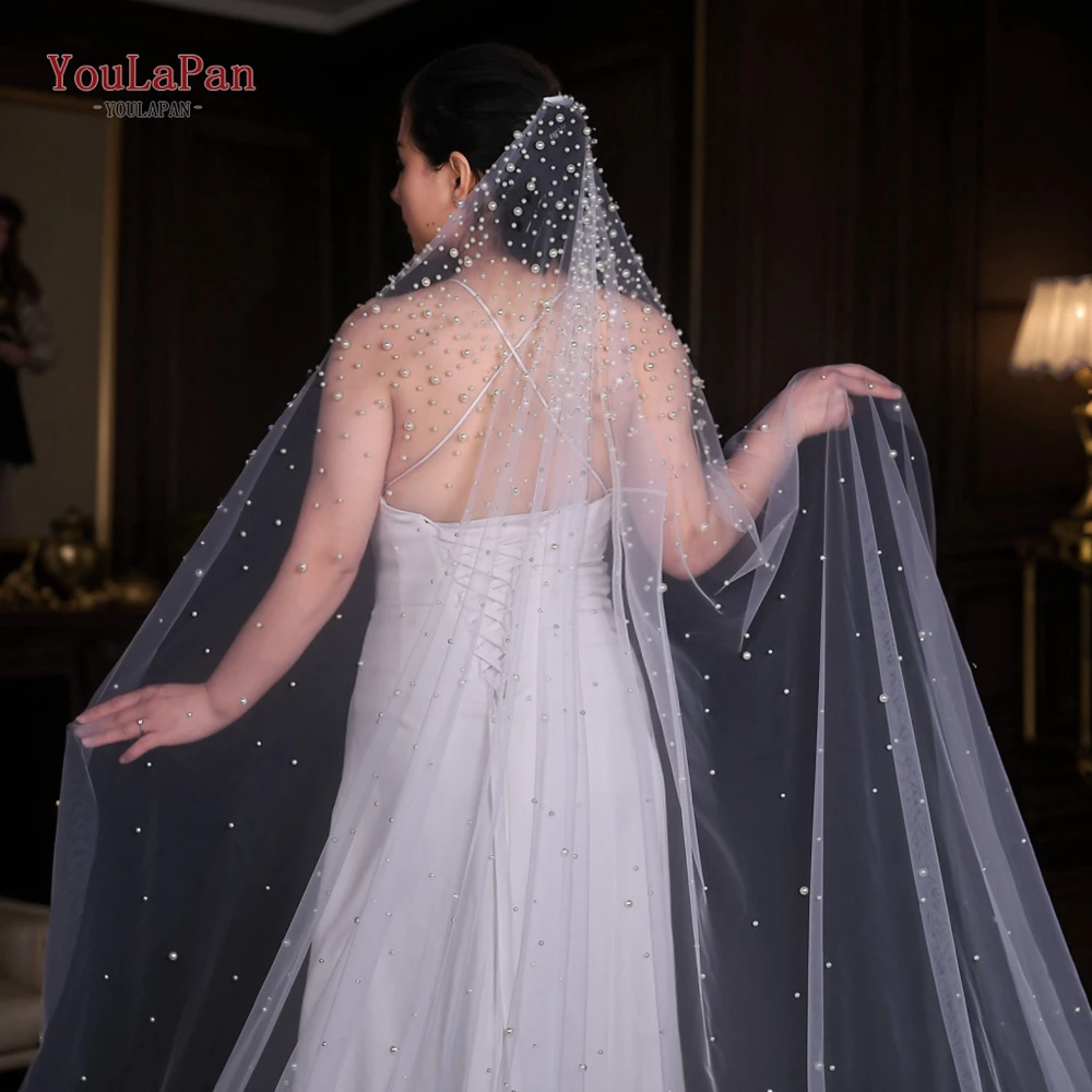 YouLaPan V139 Luxury Cathedral Bridal Veil 1 Tier Long Wedding Pearl Veil with Different Size of Pearls Delicate Nail Bead Veu