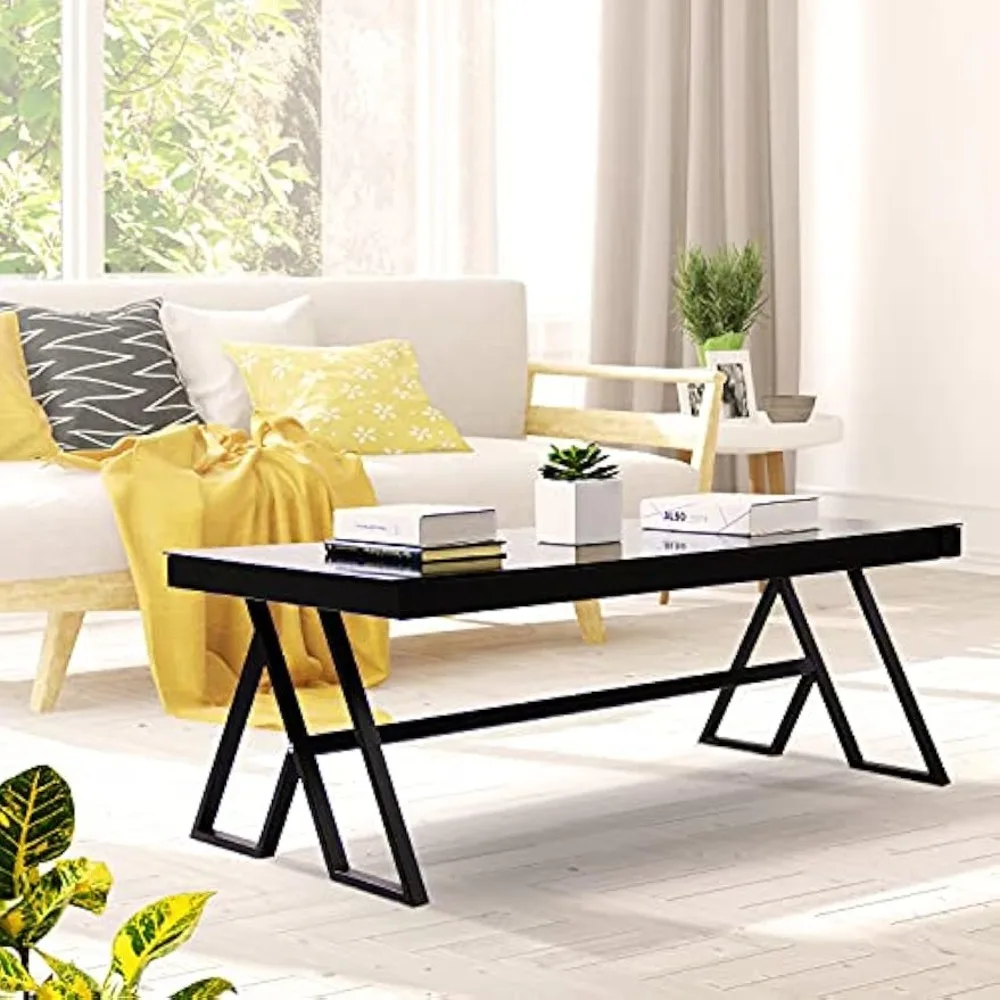 Tempered Glass Tea Table Coffee Table Cocktail Desk Table - Modern Steel Triangular Legs Living Room Desk Decor