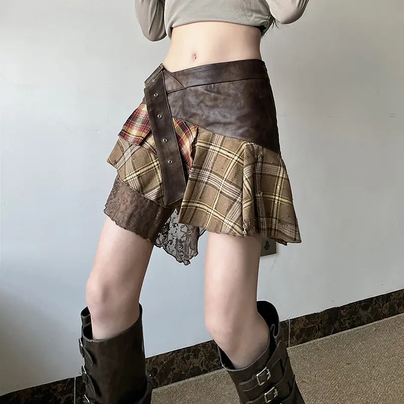 Design-Sensual Retro Irregular Splicing Plaid Skirt Women Spring Autumn New Niche Slim Sexy Hot Girl Short Skirt