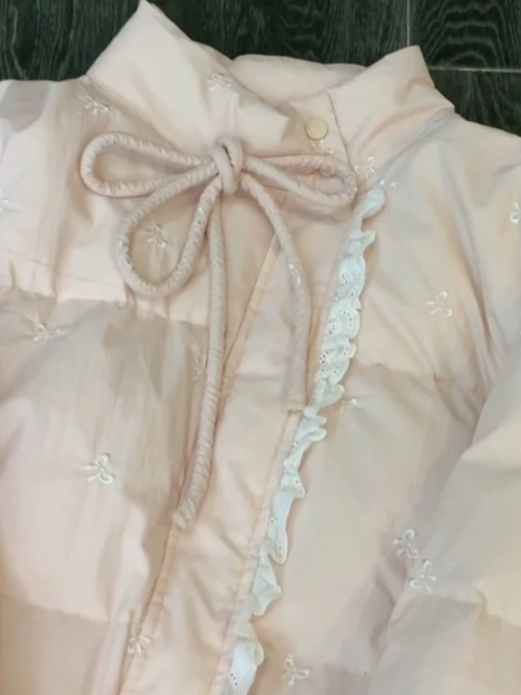 Winter Vintage Korean Fashion Thick Coats Women Loose Long Sleeve Bow Lace Zipper Warm Cotton Jacket Casual Elegant Chic Tops