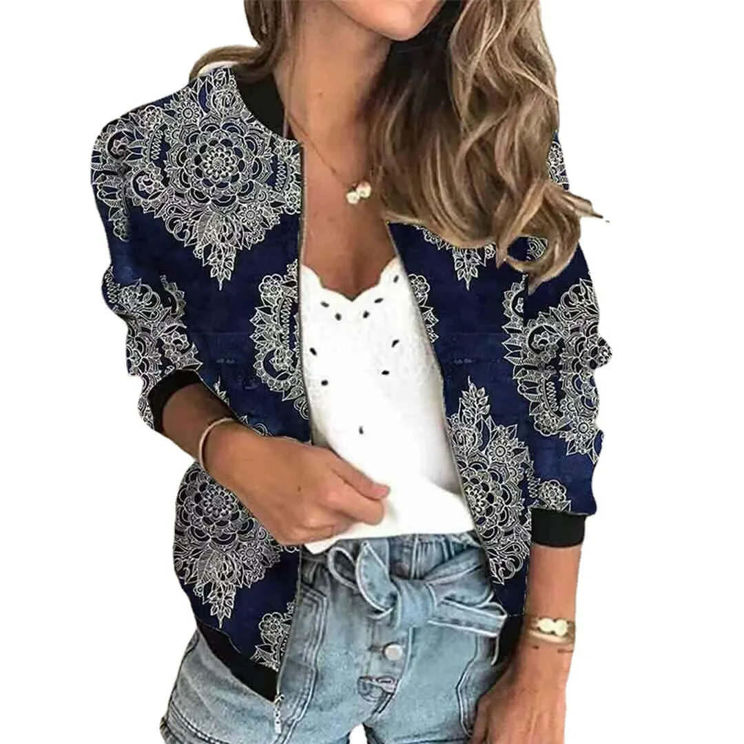 High quality new women\'s fall new women\'s retro casual digital printing zipper short jacket