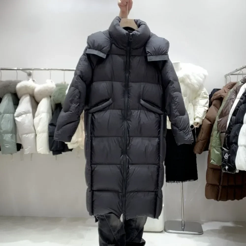 

Luxury Long Puffer Jacket Hooded Ladies Winter Fluffy Feather Parkas Down Jacket Female Overcoat White Duck Down Jacket Women