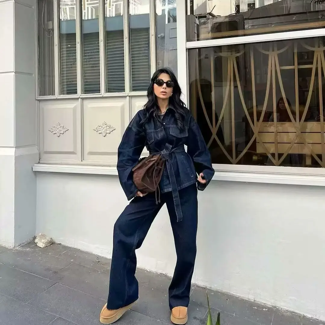 

Весенне-осенний теплый комплект одежды, модный ретро-комплект из джинсовой ткани с воротником и повседневными длинными брюками, женский комплект