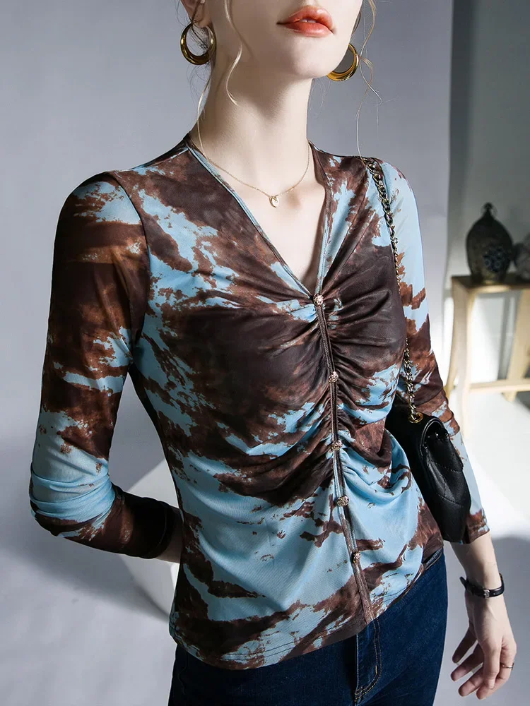 

V-neck Tie-dye Mesh Printing Bottoming Shirt Women's Spring and Summer Pleated Slim-fitting Long-sleeved T-shirt Top