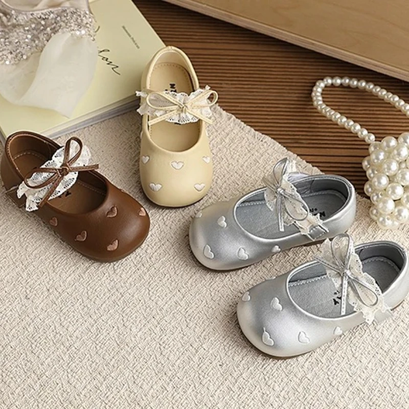 Kids Shoes for Girl Classic Dress Cute Bow-knot Heart Anti-slip Soft Sole Flats Toddler Shoes Designer Sandals Girls Shoes