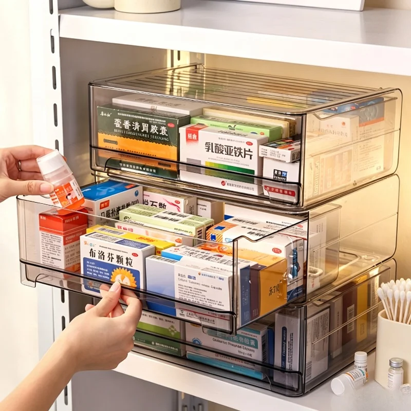 Stackable Acrylic Medicine Storage Box, Gray Pull‑out Drawer Household Pill Organizer for Home Cabinet Countertop