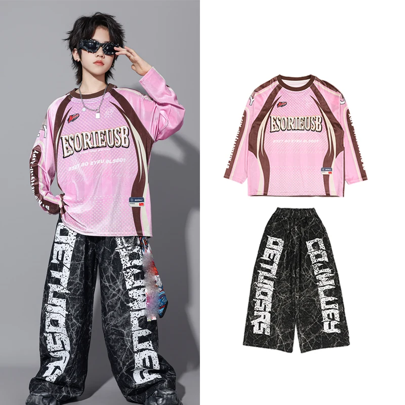 

2024, розовые свободные рубашки, черные брюки-карго, Kpop, наряды для мальчиков, костюмы для джазовых танцев, детская одежда для танцев в стиле хип-хоп, рейв, DQS21381
