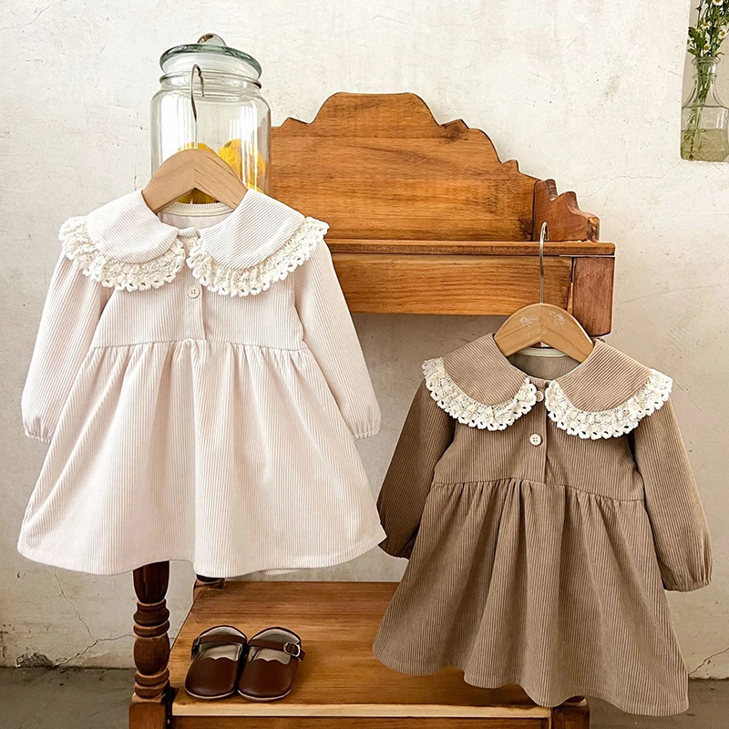 Autumn Baby Girl Corduroy Princess Dress Solid Lace Long Sleeve Dress  Spring Children Retro Casual Loose Dresses Kids Outfits - AliExpress 1501
