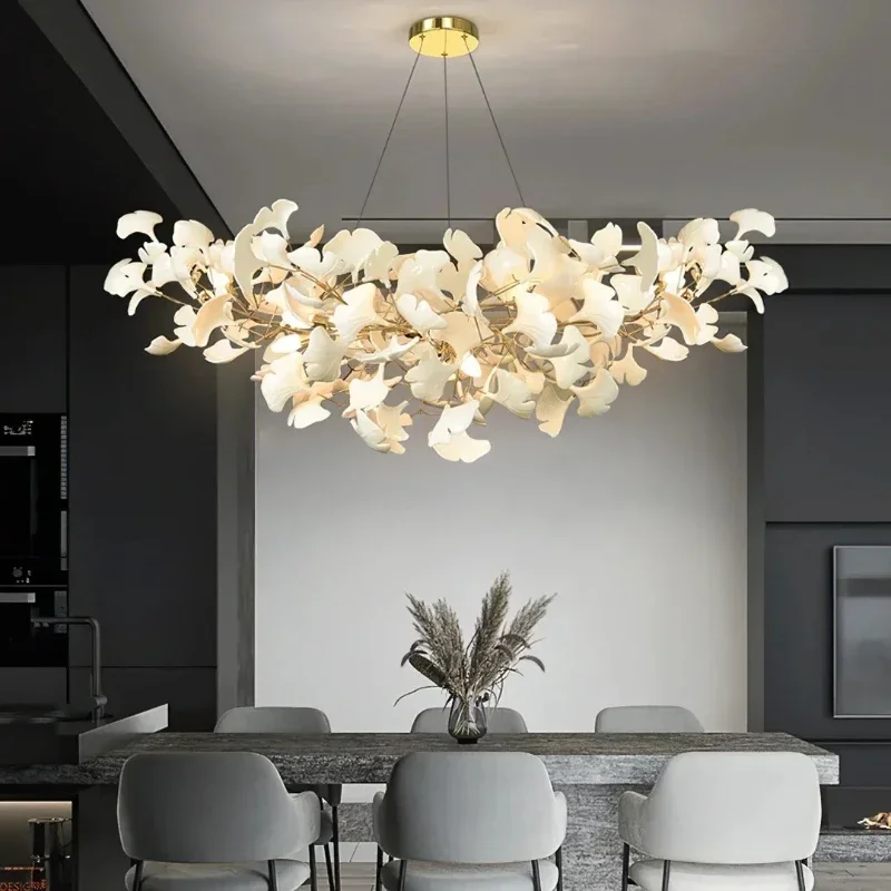 Italian Modern Long Ginkgo Leaf LED Pendant Light Living Room Bedroom  Exhibition Hall Gold and Silver Leaf Branch Art Lamp