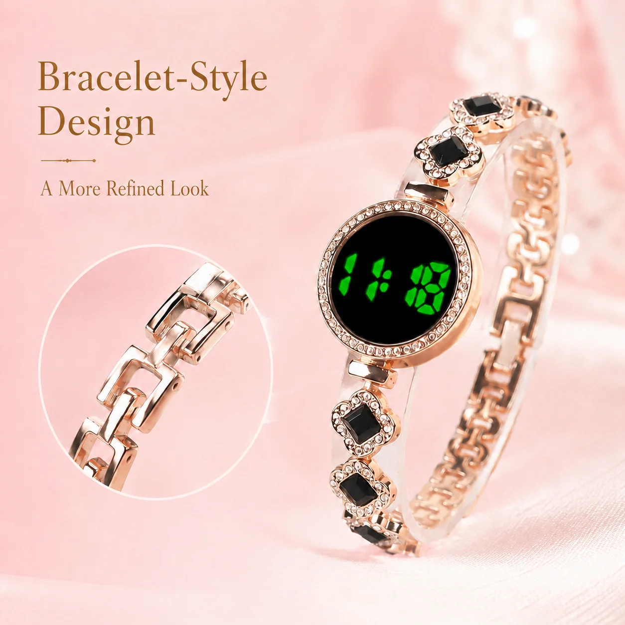 Women's Bracelet-Style LED Digital Watch, Rose Gold Metallic Strap, Multiple Colors Available, Fashionable and Versatile