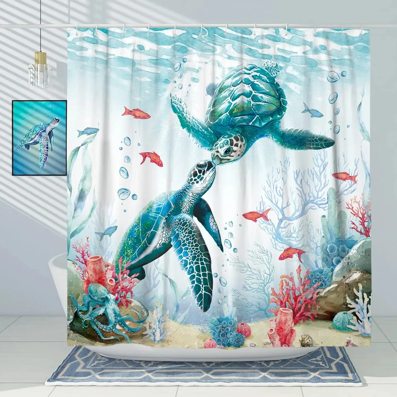 Blue Sea Turtle Shower Curtain Funny Ocean Animal Starfish Coral Tropical Fish Underwater Marine Life Curtains Bathroom Decor