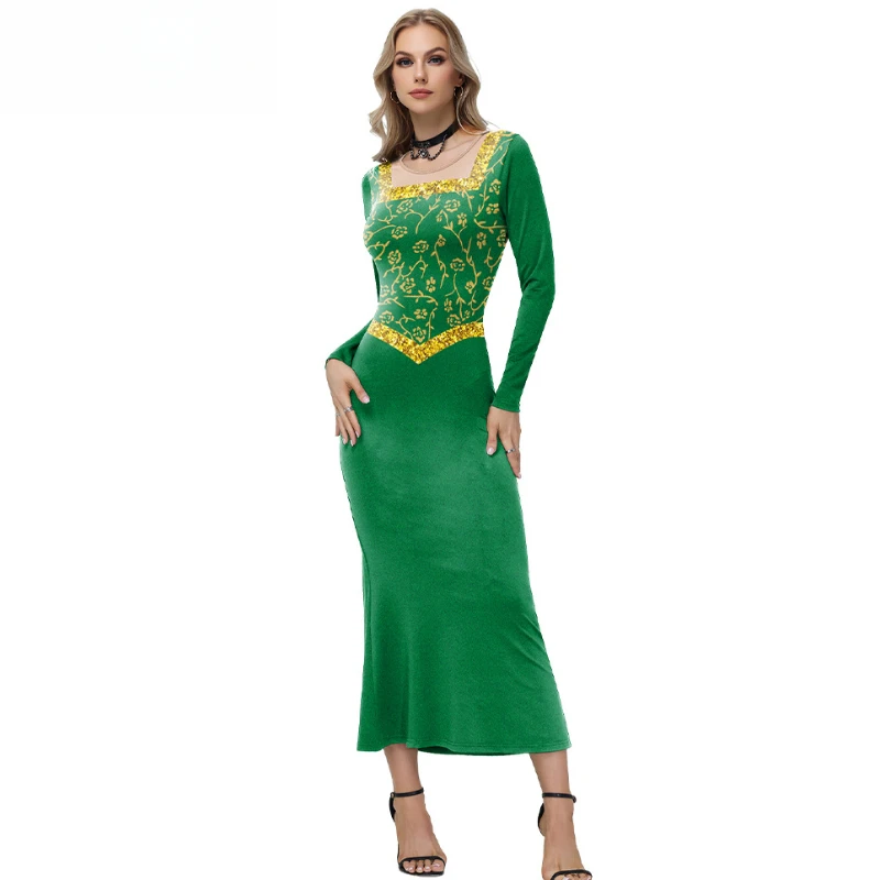 

Cosplay Retro Palace Style Halloween Women New Dress with Printed Long Sleeved Slimgold Embroidery Gown Skirt Style Long Dress