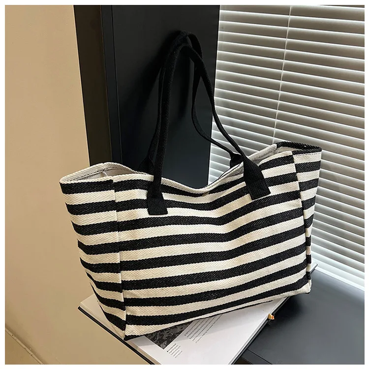 

Commuter Canvas Bag Women's Large-capacity Tote Bag Bag New Striped Shoulder Mommy Tote