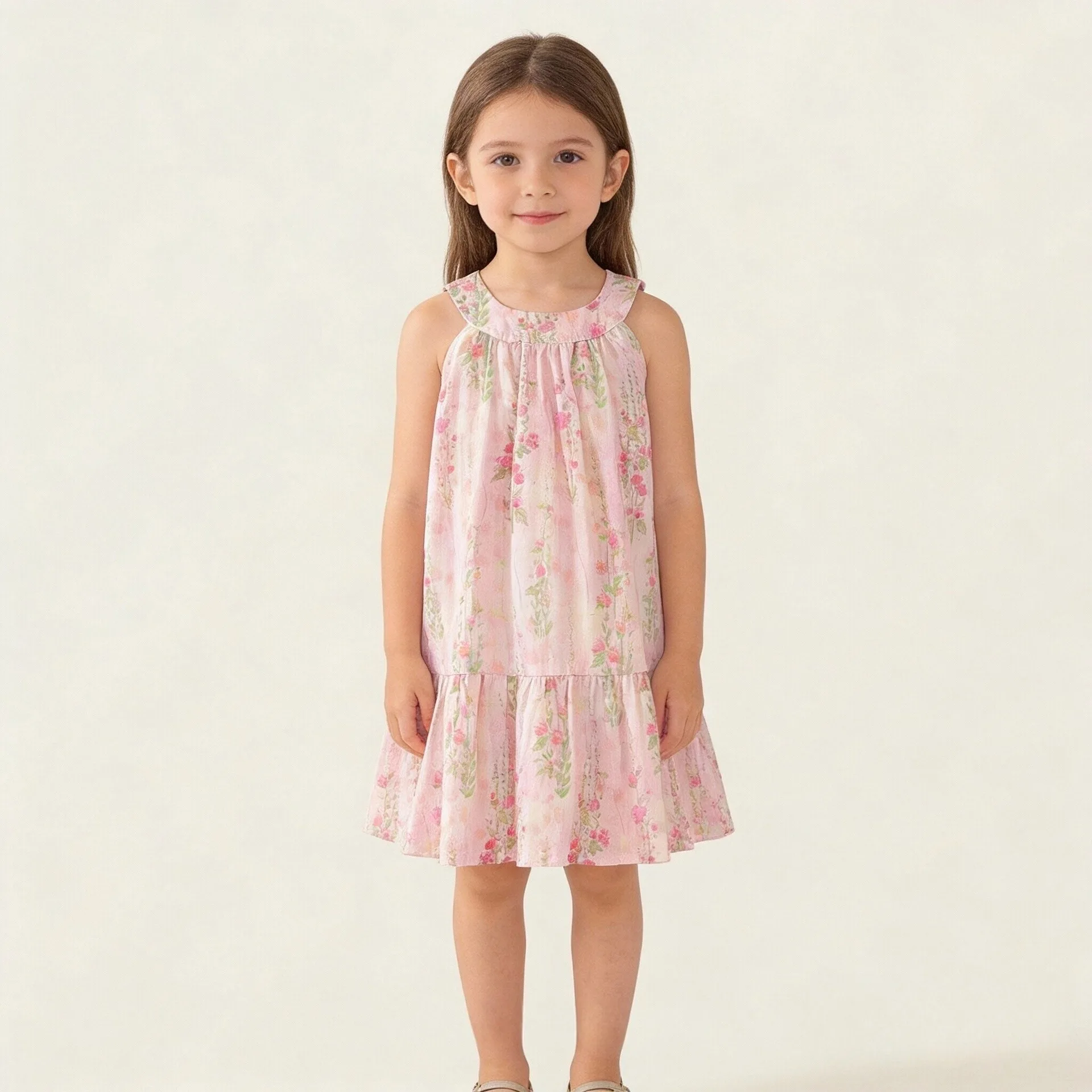 Children's countryside style floral dress 2026 girls' pink sweet hanging neck sleeveless vest dress