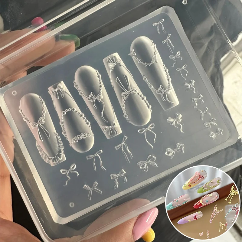 Moule acrylique 3D en Silicone pour Nail Art, ruban de chaîne de perles à nœud papillon, décorations pour Nail Art, modèle de moule pour breloques d'ongles, 1 pièce